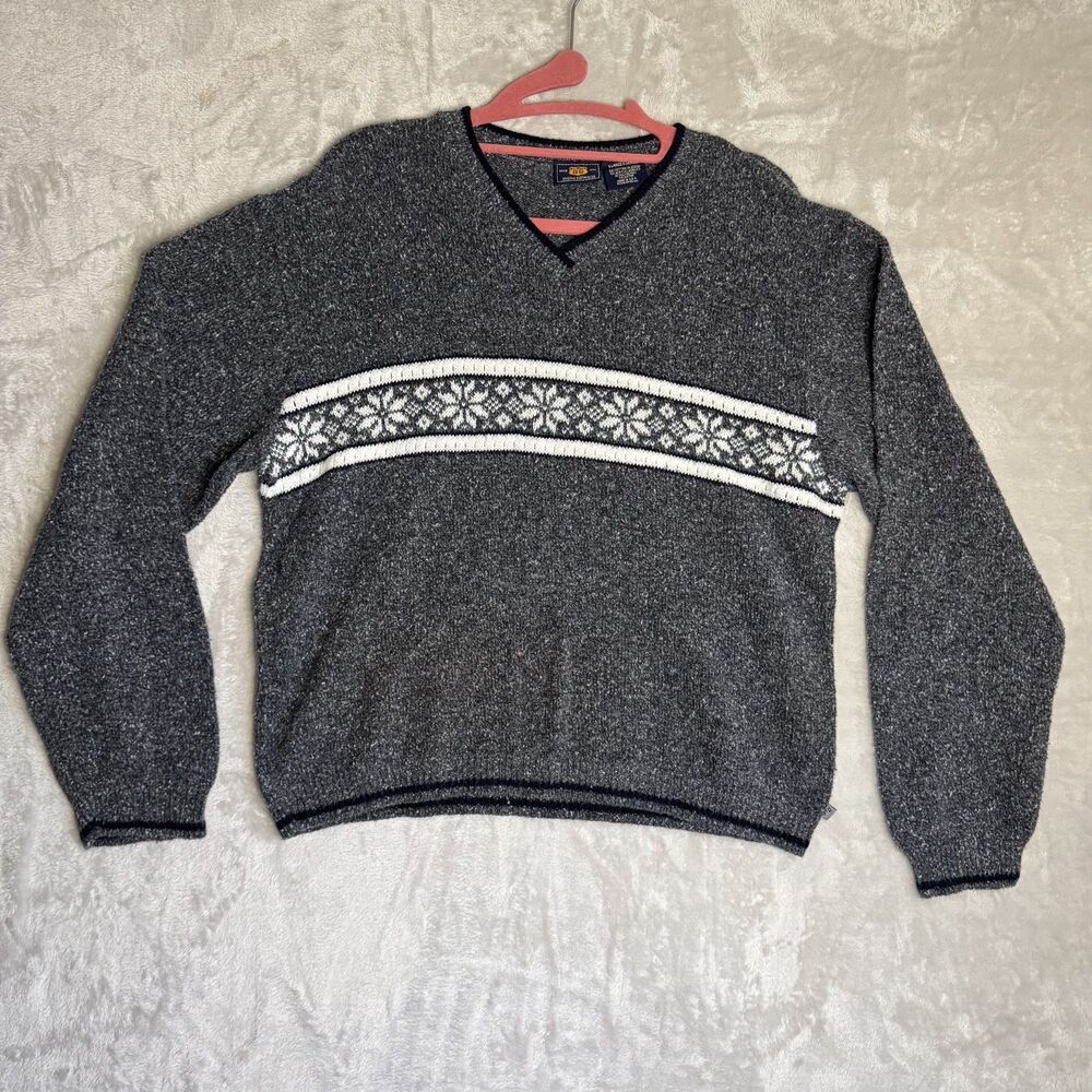 Vintage 90s Route 66 Mens Vneck Sweater XL Grey Fair Isle Grunge Nordic USA Made